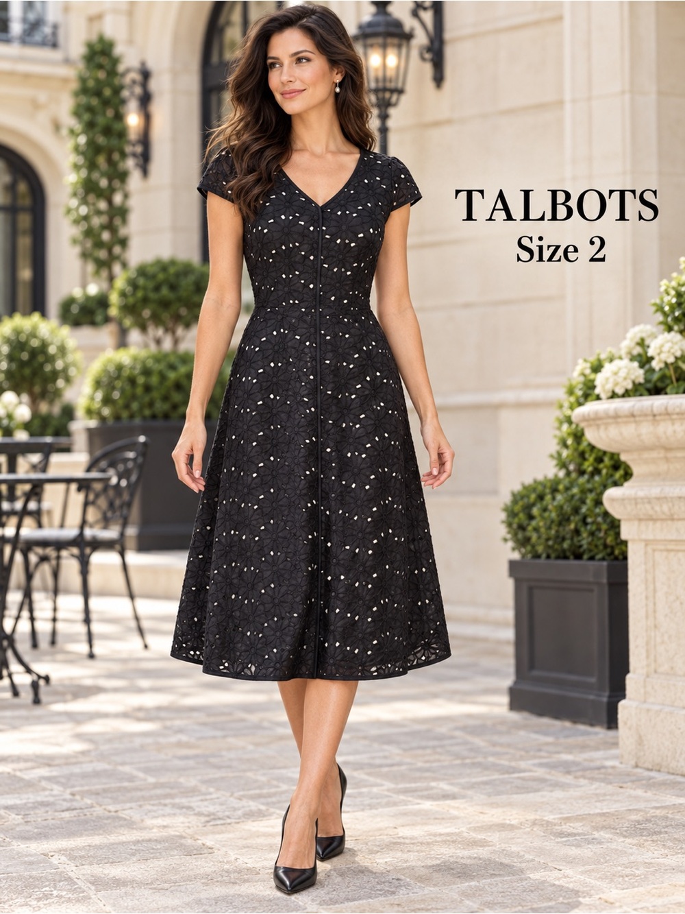 Talbots Black Floral Eyelet Cotton Fit & Flare Midi Dress Size 2
